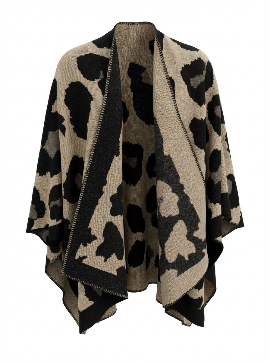 A64 Black Leopard Printed Knitted Cozy Kimono Cardigan Reversible