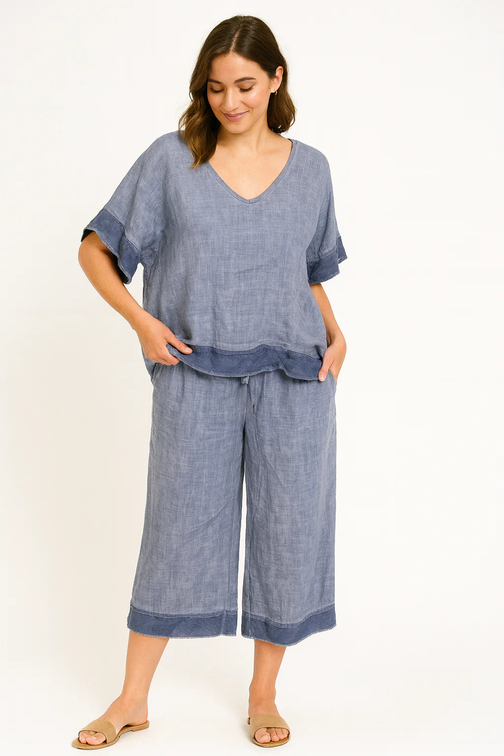 Pietra Linen/Rayon Ruffle Pants Denim
