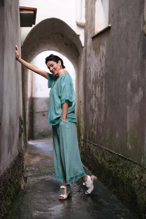 Pietra Linen/Rayon Ruffle Pants Green