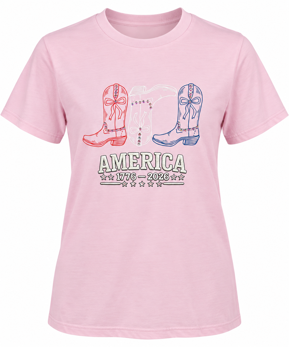 Red White and Blue Cowboy Boots Tee Bling- Pink