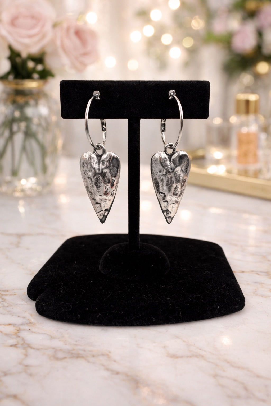 Silver Hammered Lazy Heart Earrings