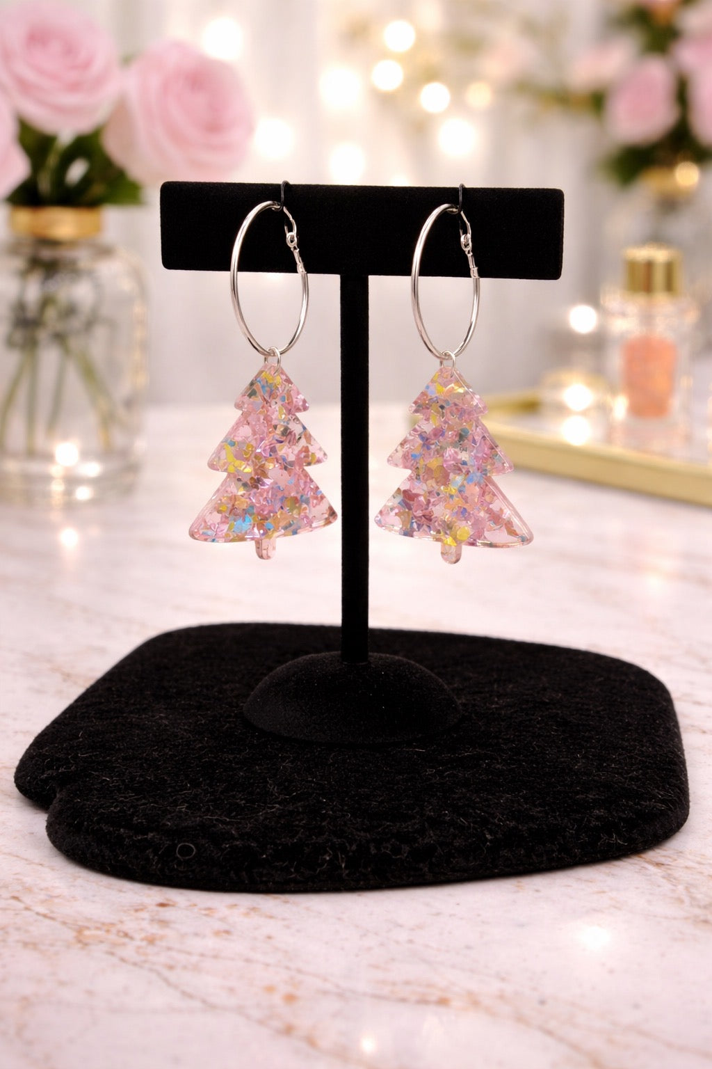 Pink Christmas Tree Earrings