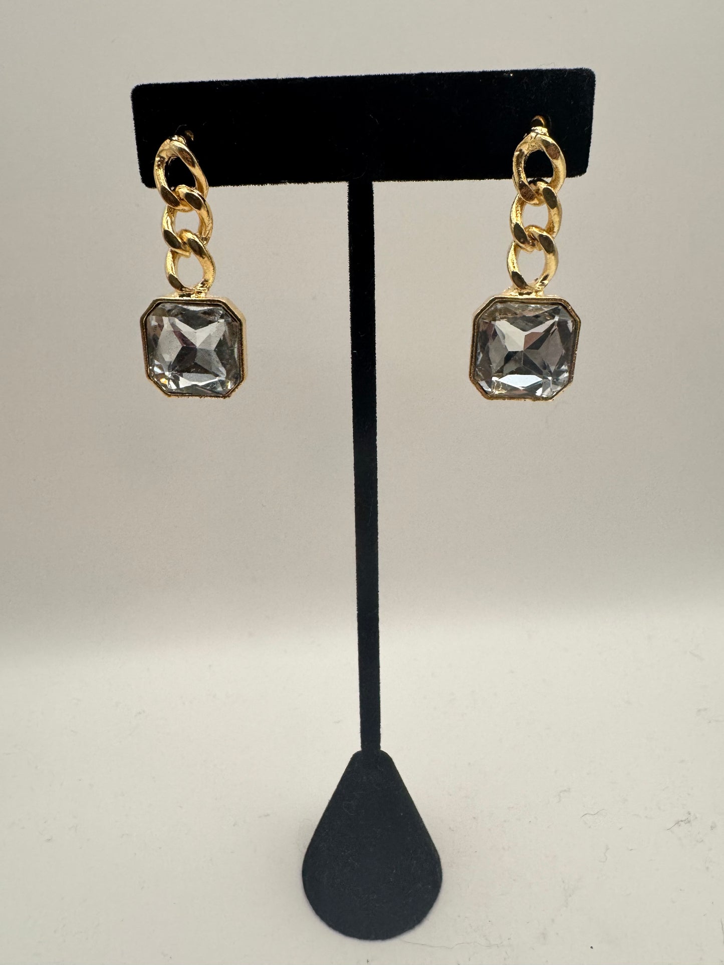 Square Clear Stone on Gold Chain Earrings