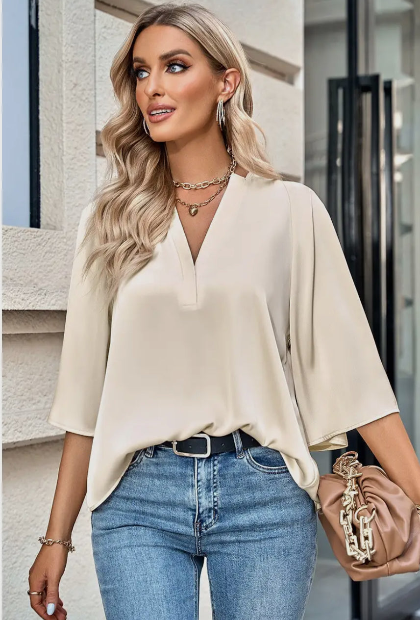 Chloe Solid V Neck Satin High Low Hem Blouse Beige