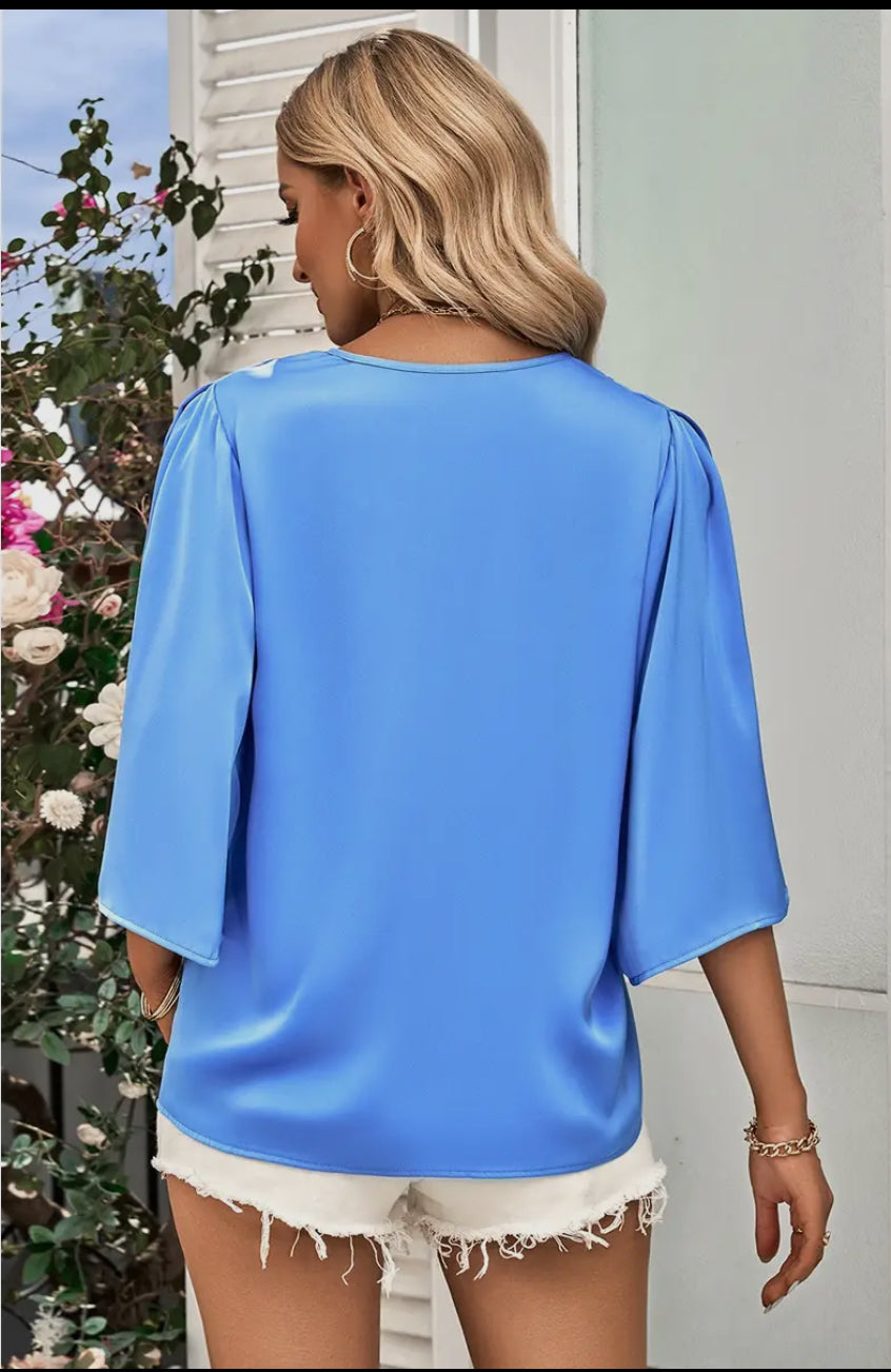 Chloe Solid V Neck Satin High Low Hem Blouse Blue
