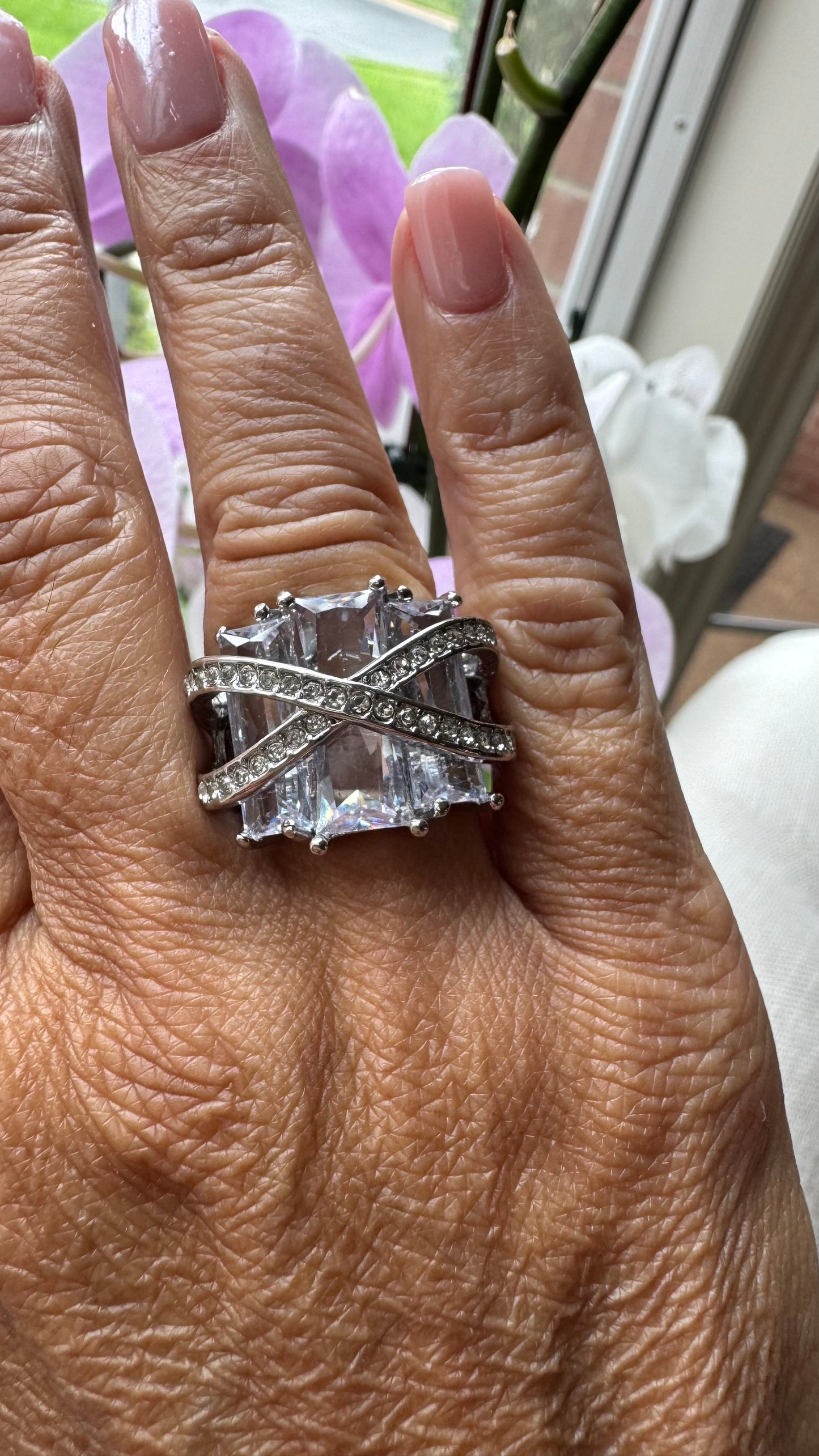 R6 Large Crystal Statement Ring Silver Adjustable