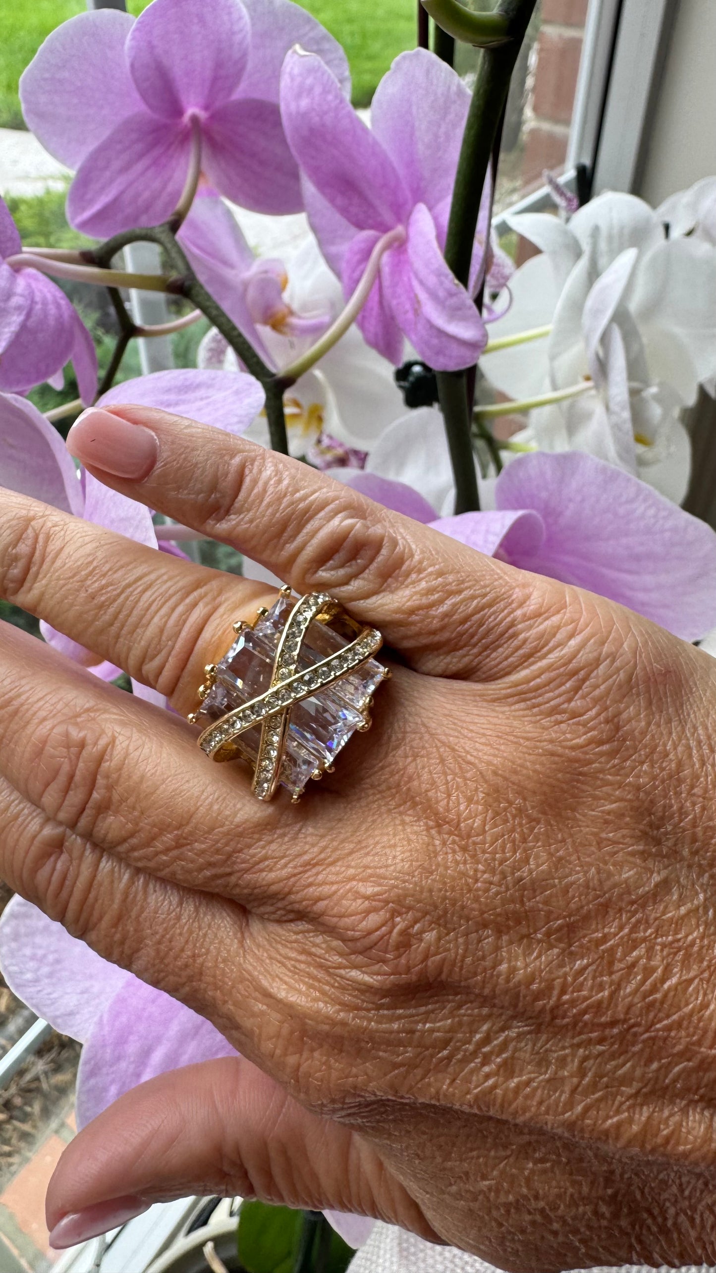 R4 Large Crystal Statement Ring Gold Adjustable