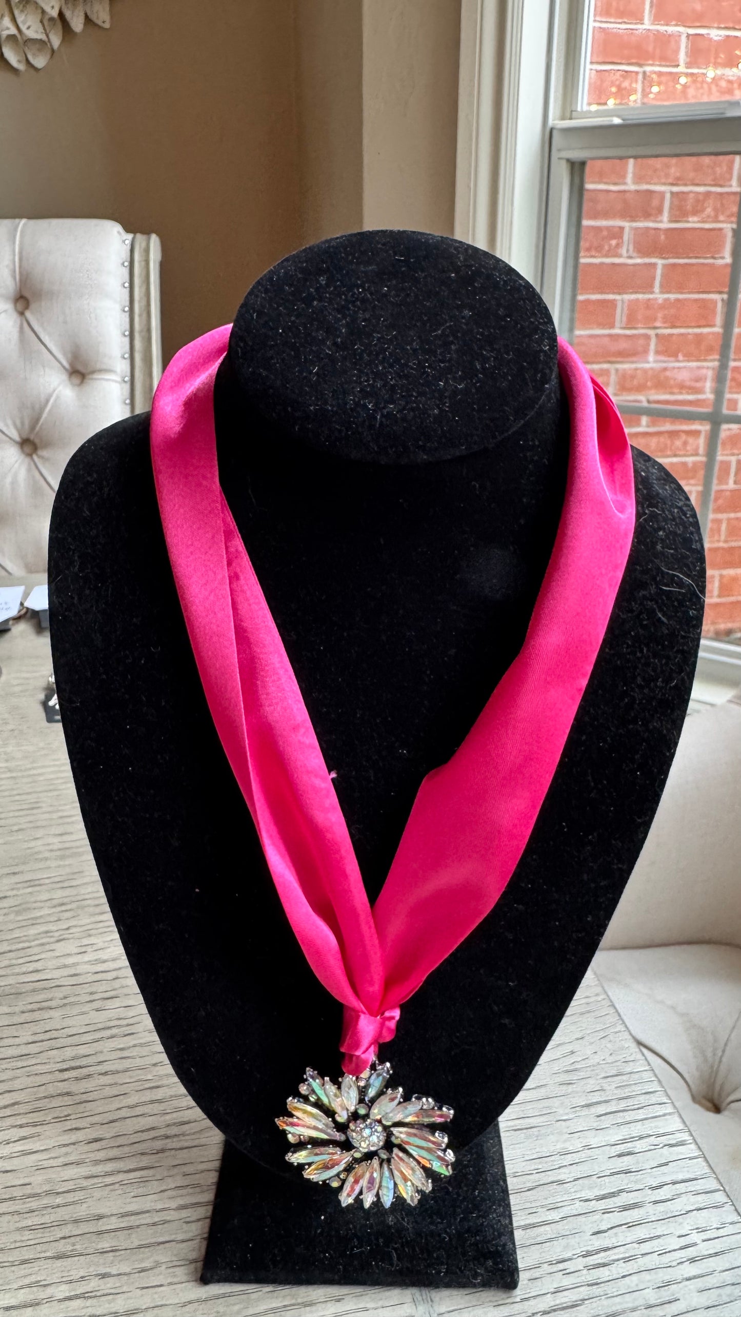 N15 Pink Twilly Scarf Necklace with Flower Pendant