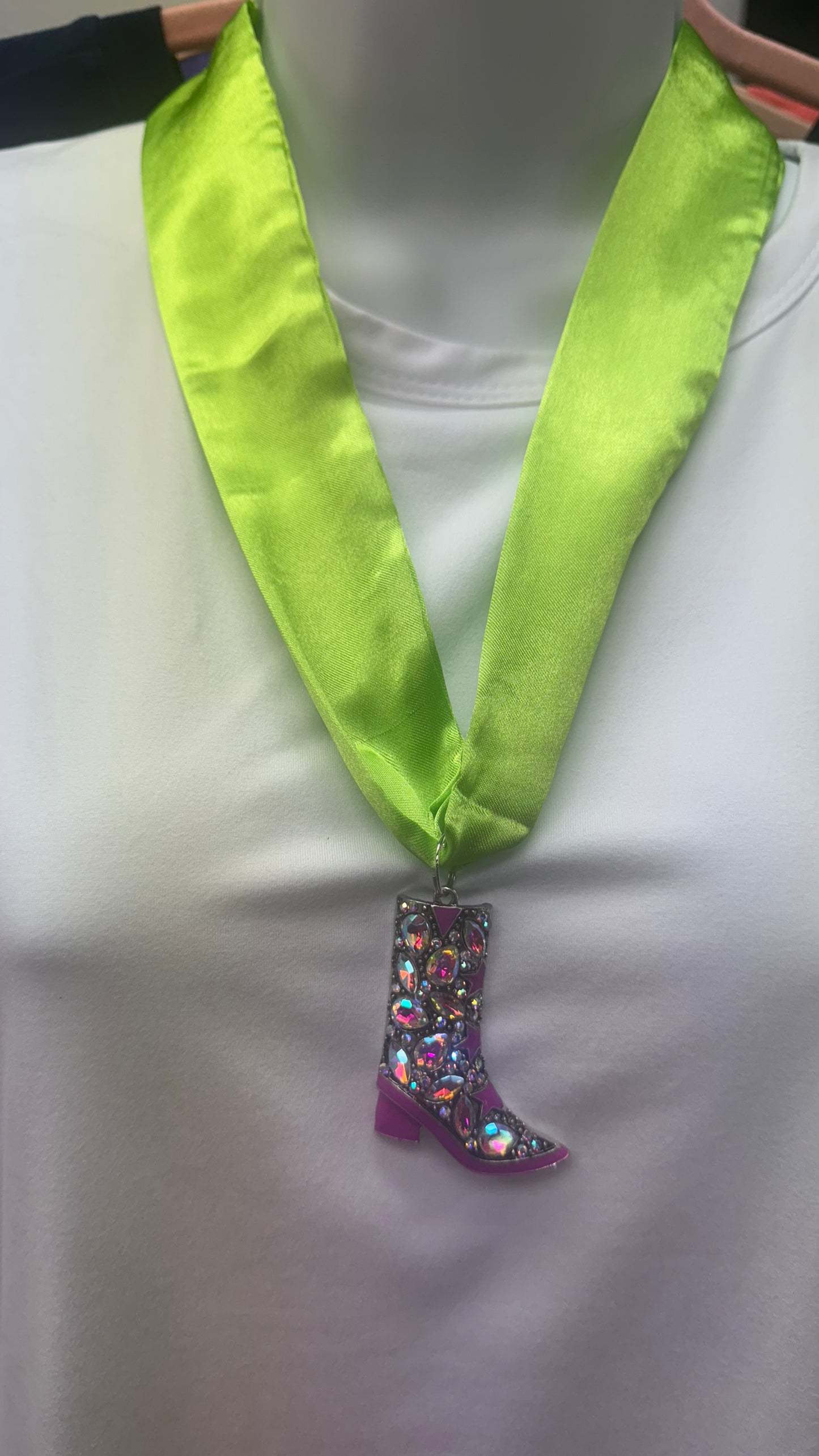 Green Twilly Scarf Necklace with Boot Pendant