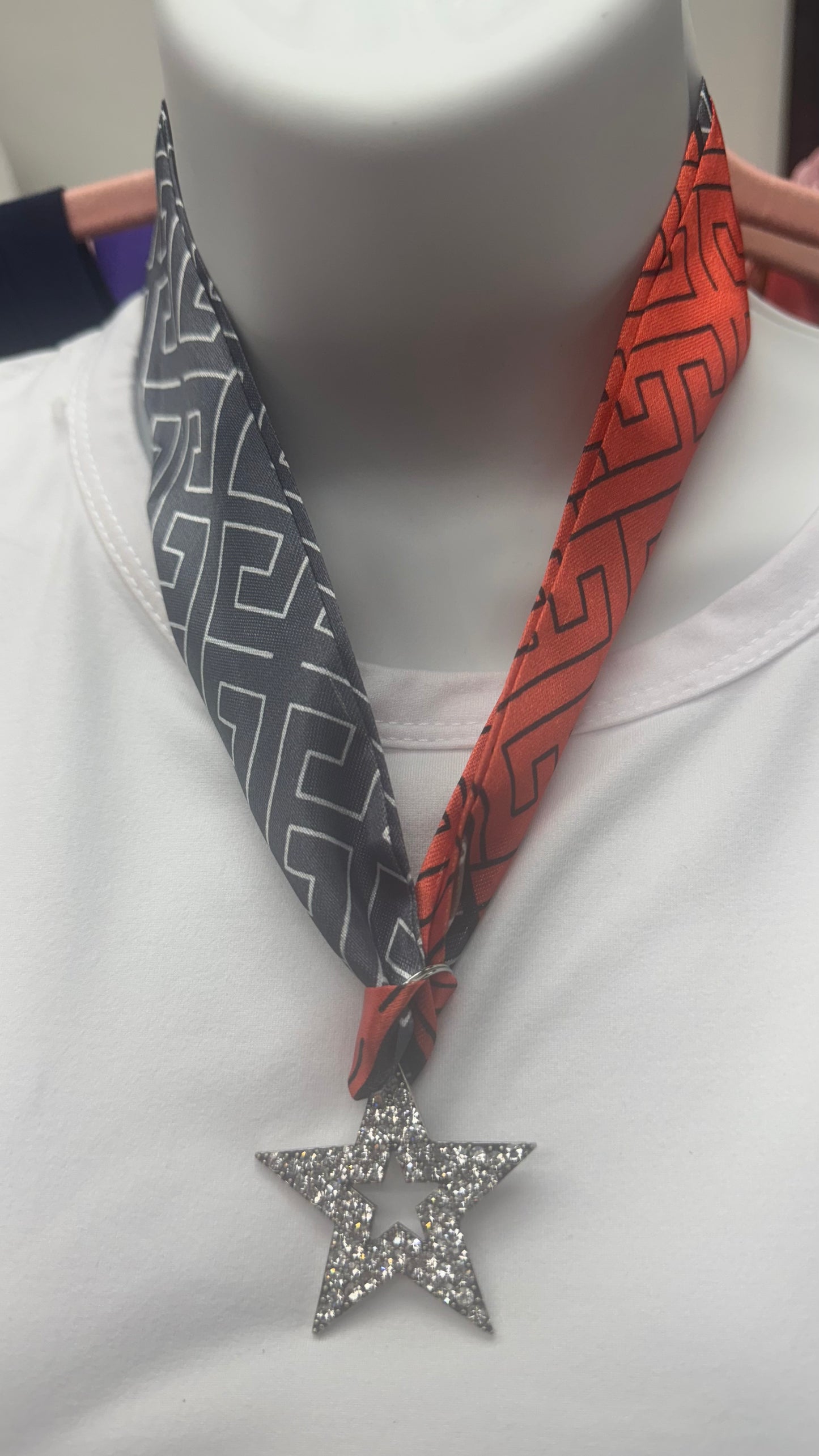 Gray and Orange Twilly Scarf Necklace with Star Pendant
