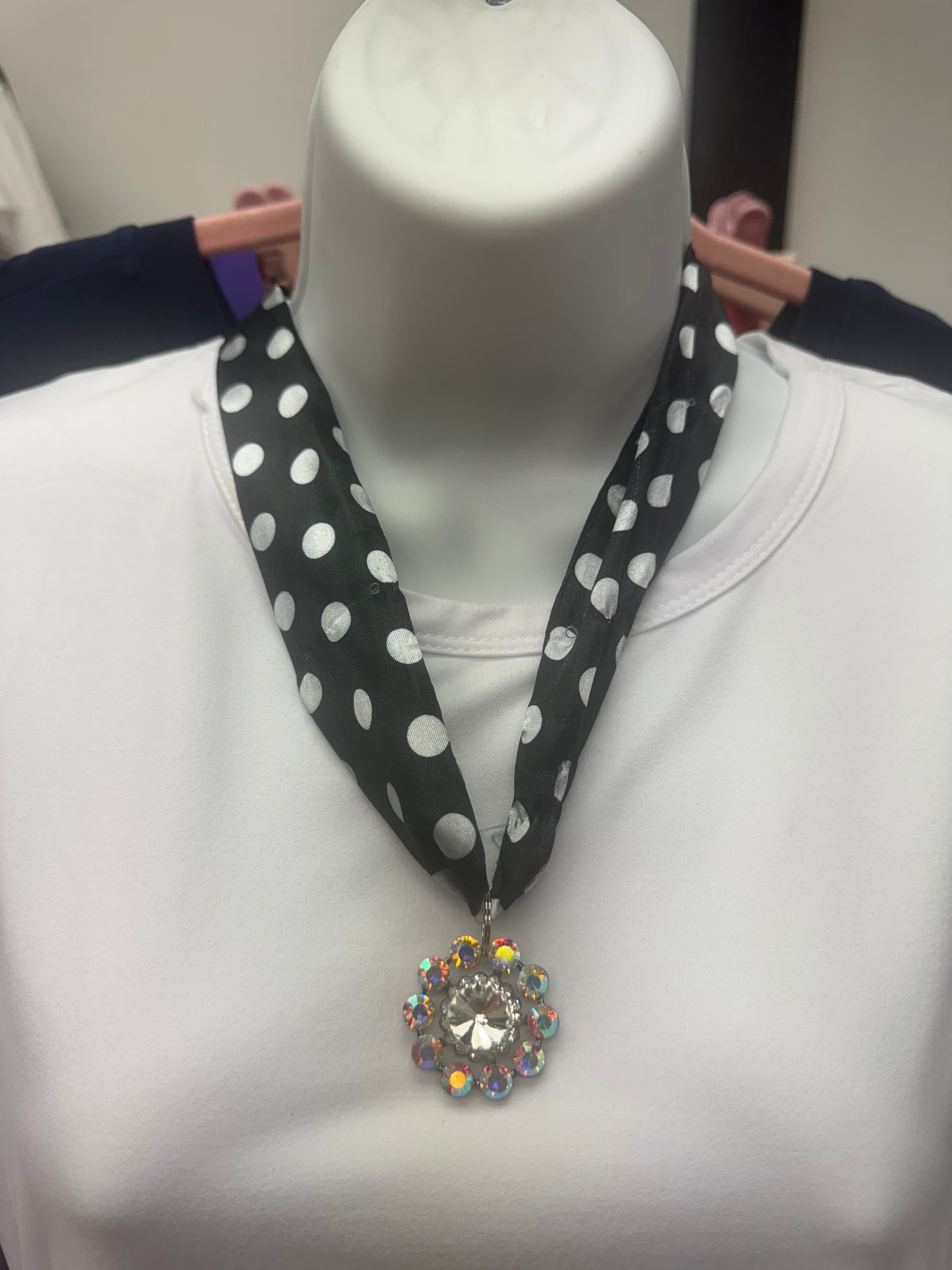 Black and White Dot Twilly Scarf Necklace with Flower Pendant