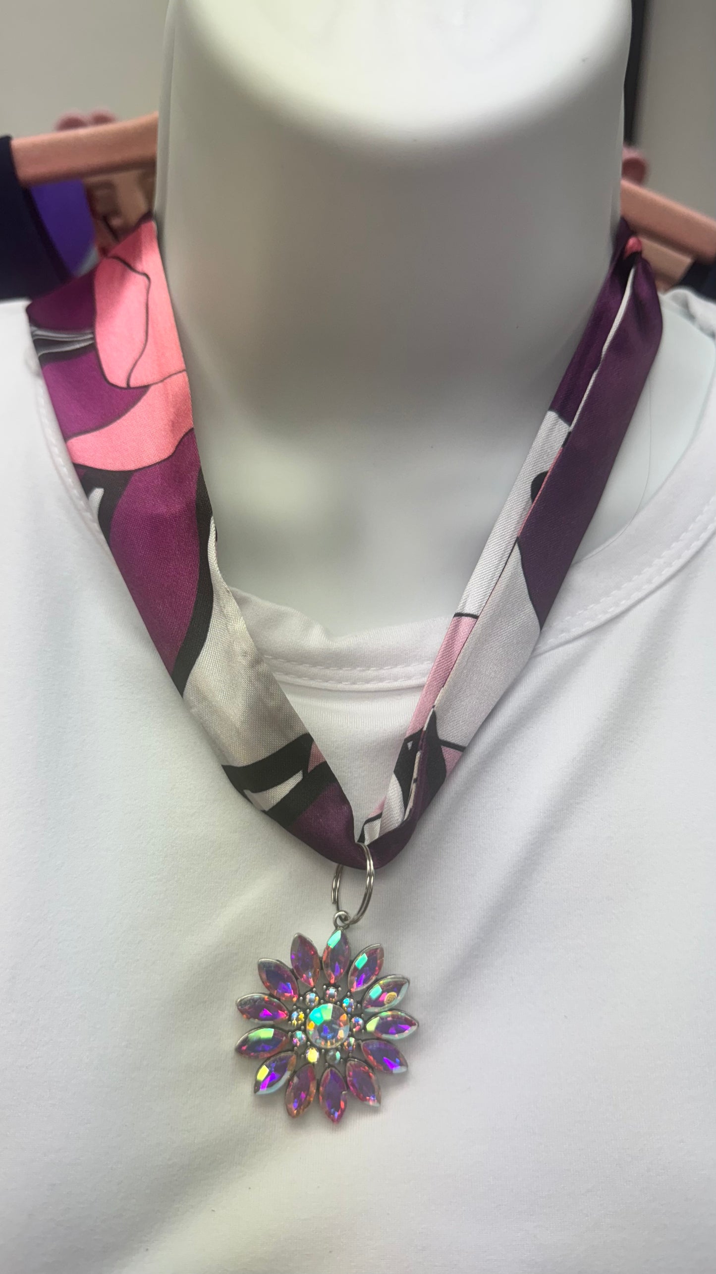 Pink and Purple Twilly Scarf Necklace with Flower Pendant