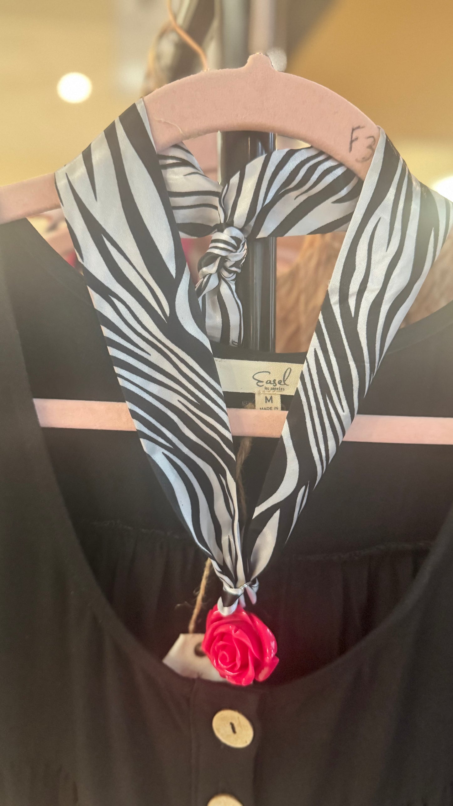 N110 Zebra Twilly Scarf Necklace with Pink Resin Rose Pendant