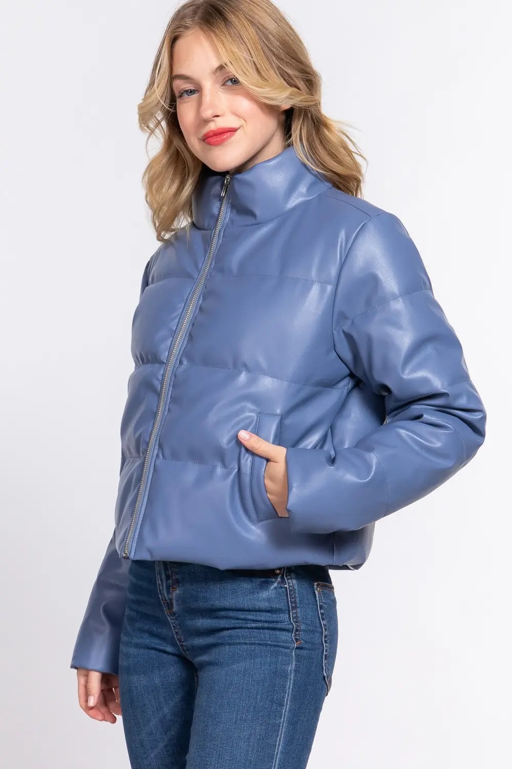 Eleanor Long Sleeve High Neck Quilted Puffer Jacket Dusty Blue