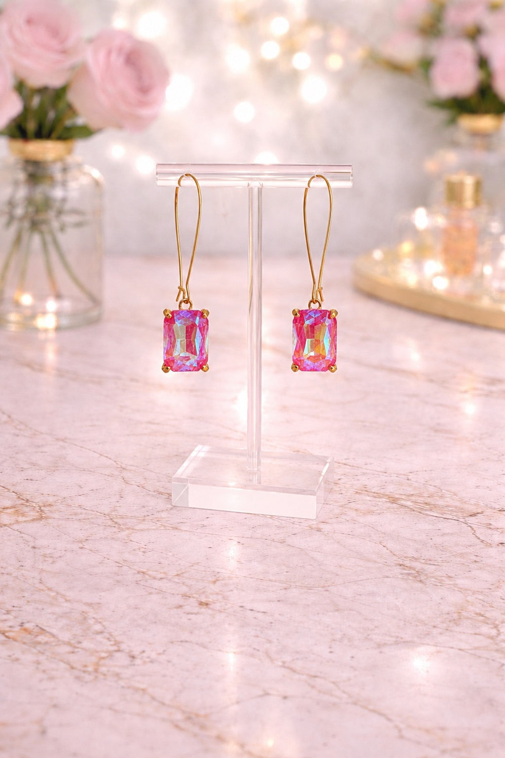Raspberry Pinkl Crystal Drop Earrings