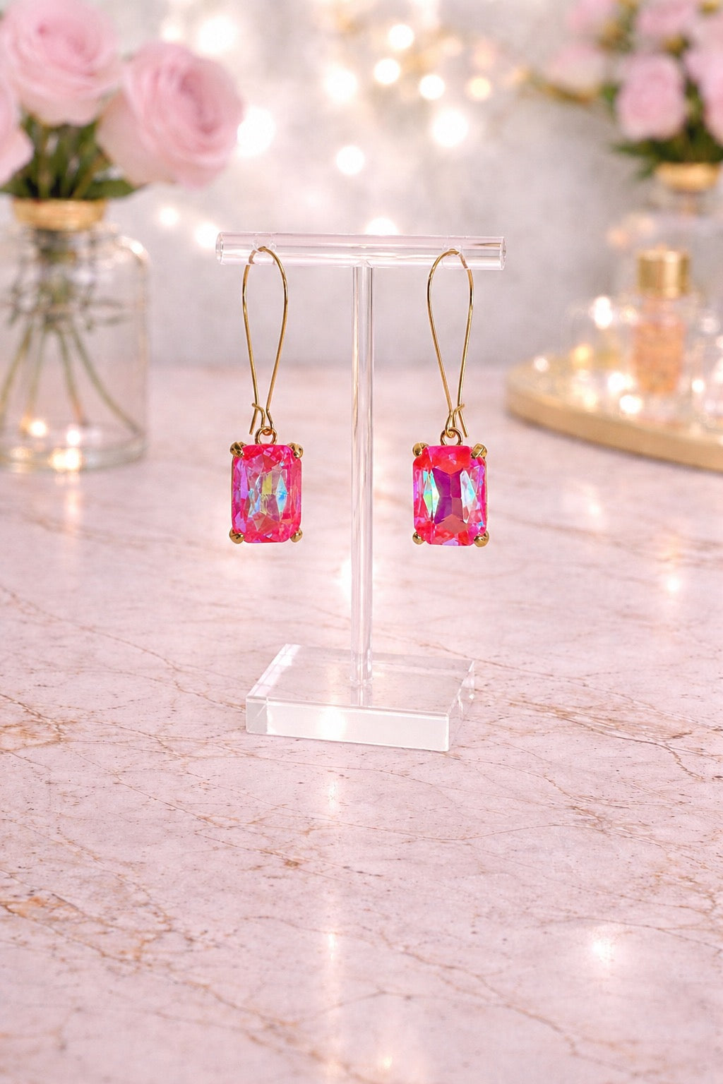 Hot Pink Crystal Drop Earrings