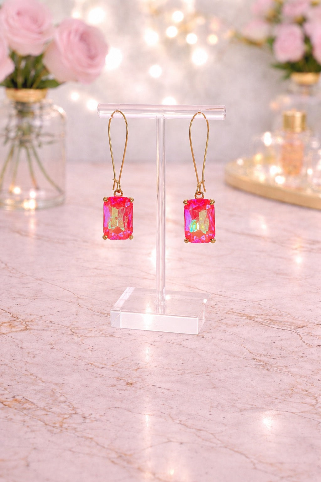 Coral Pink Crystal Drop Earrings