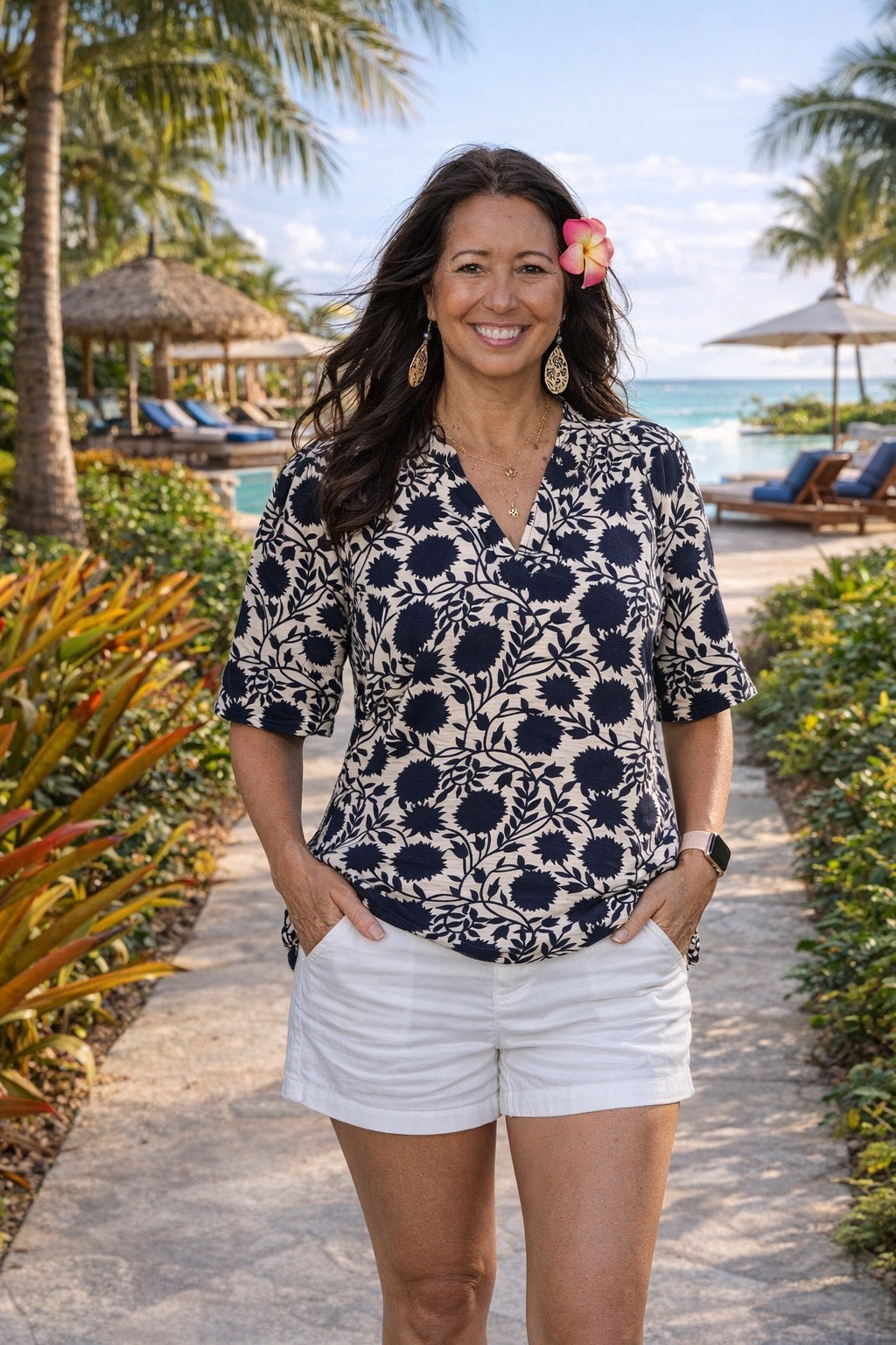 Calista Navy V-Neck Button Down Top
