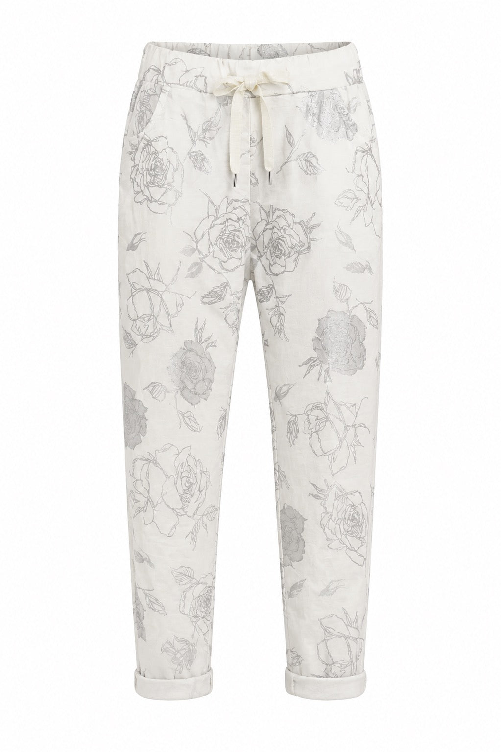 Janna White Pant w/Silver Flower Stretch Pants