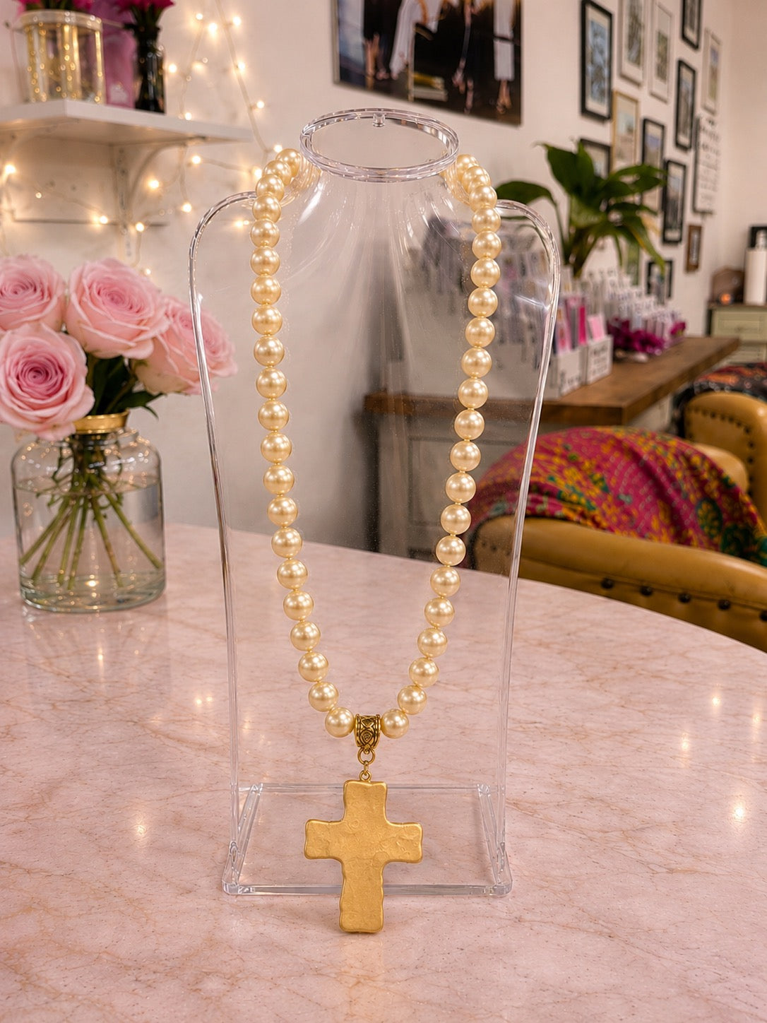 Gold Cross Necklace on Pearls