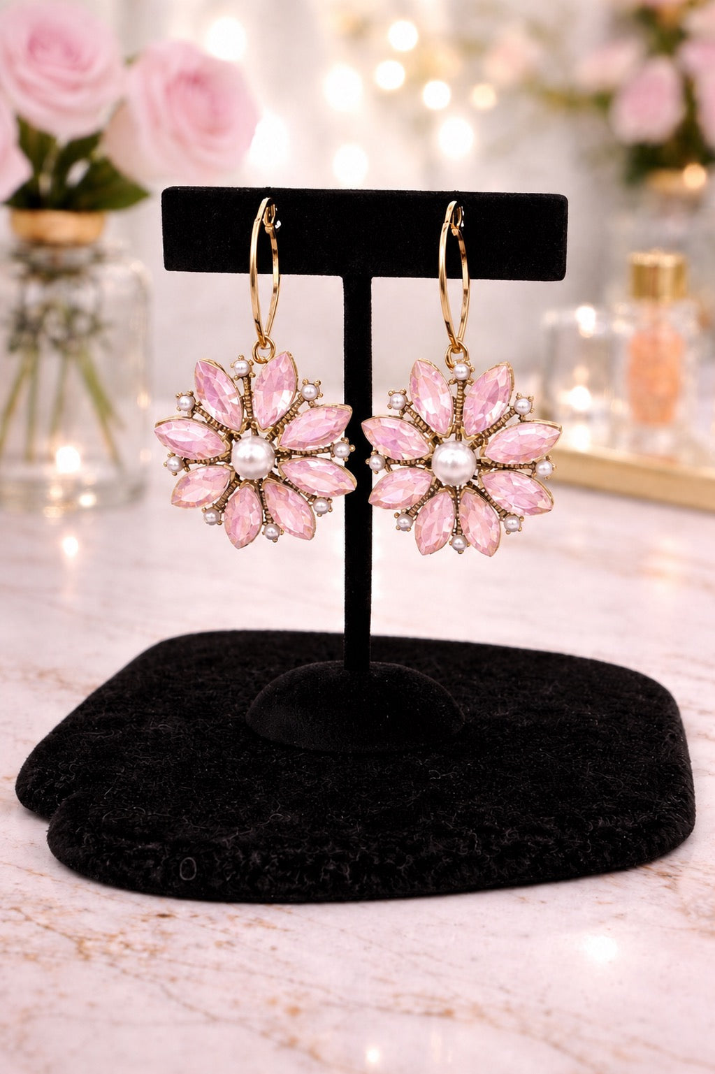 Pink Stone and Pearl Flower Earrings