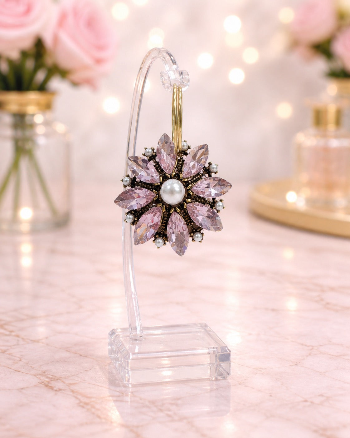 Pink and Pearl Crystal Flower Pendant