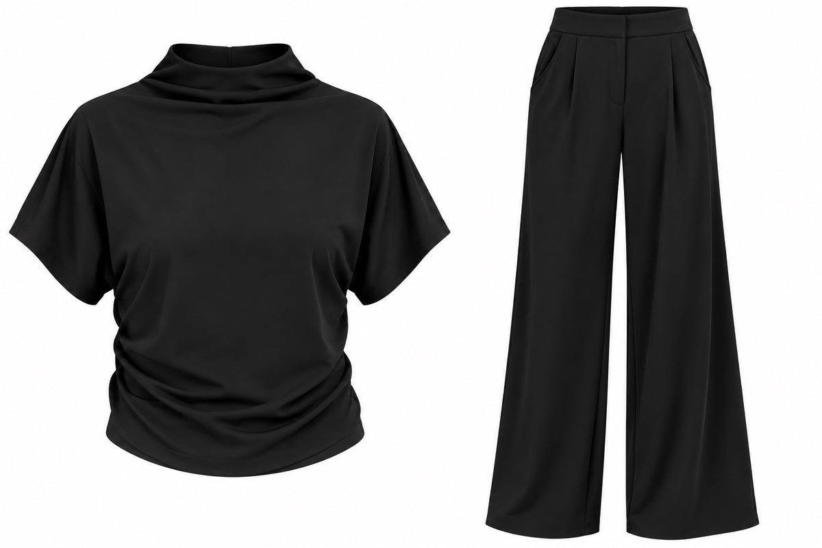 Solange Draped Mock Neck Top w/ Flowy Wide-Leg Pants
