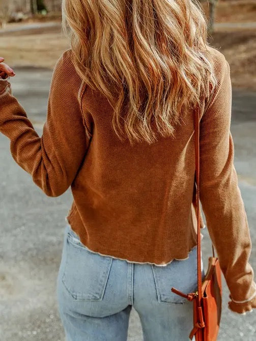 Carol Textured Round Neck Long Sleeve Top Brown