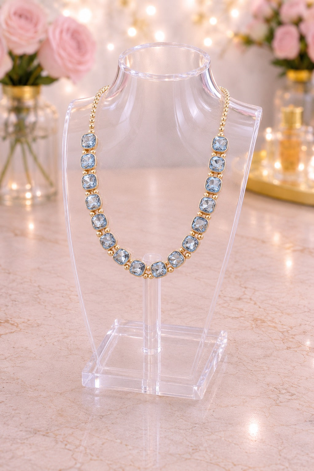 Square Faceted Stone Bezel Necklace Blue, Gold