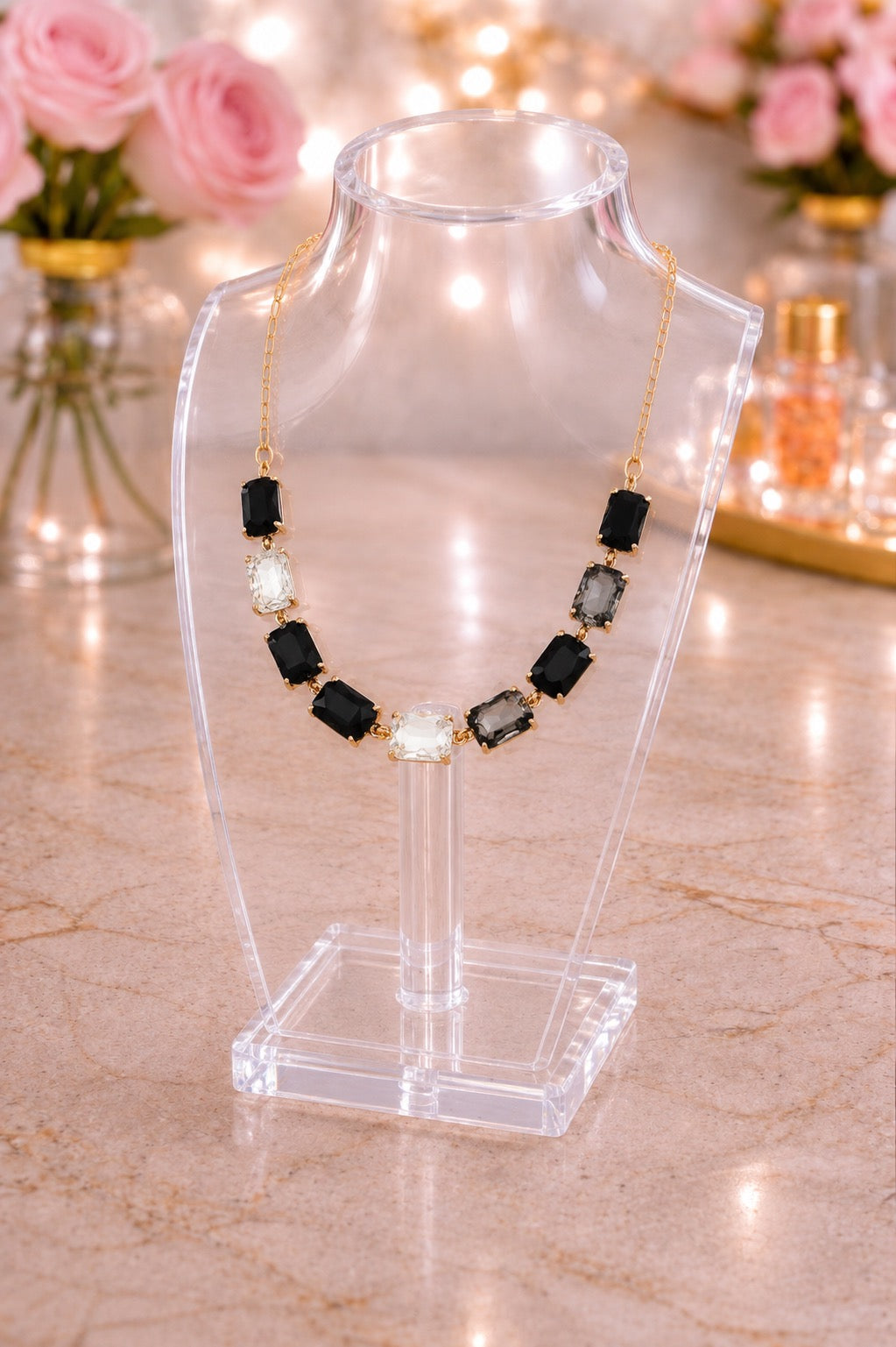 Cushion Rectangle Stone Necklace, Black Multi