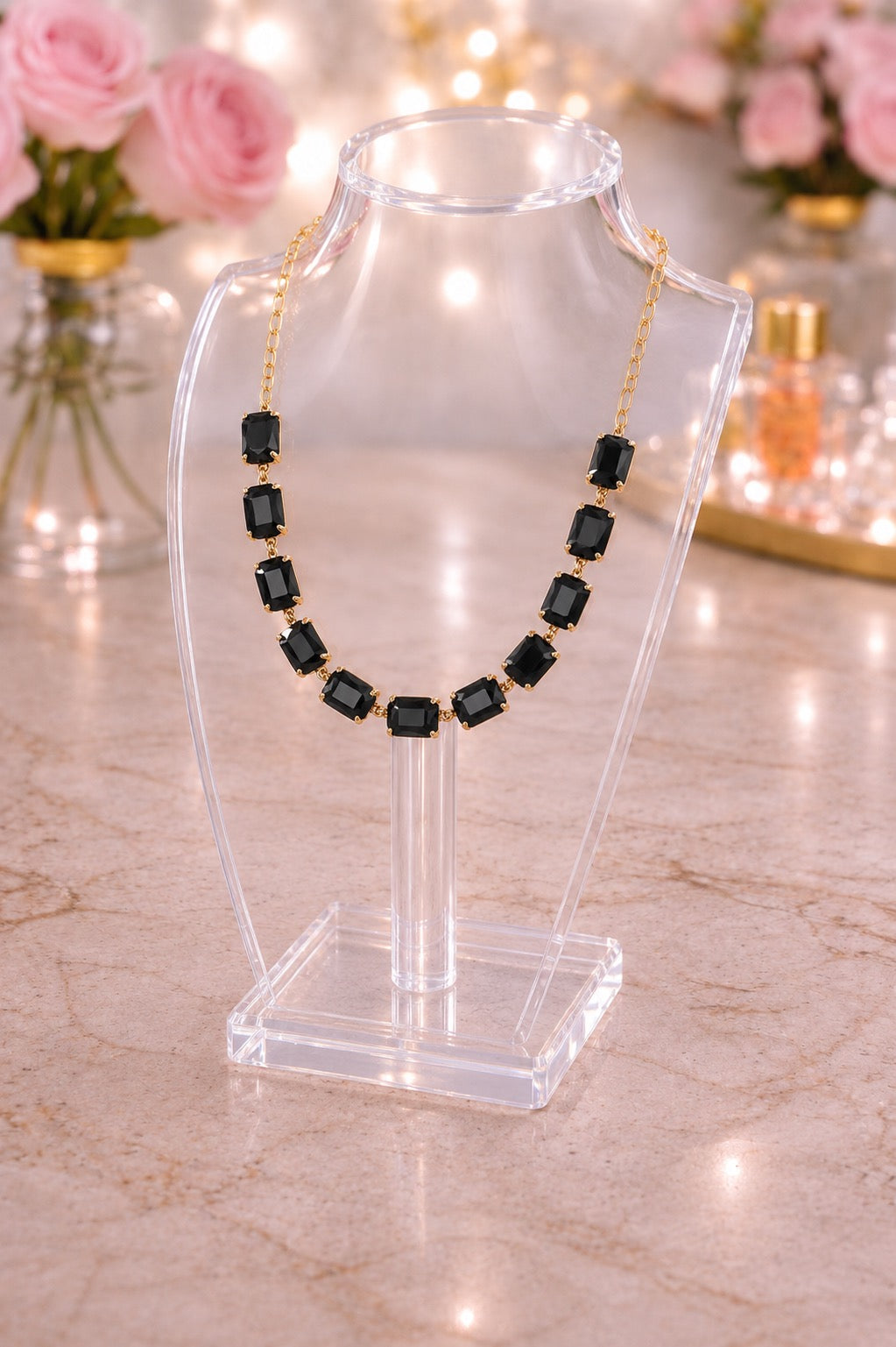 Cushion Rectangle Stone Necklace, Black
