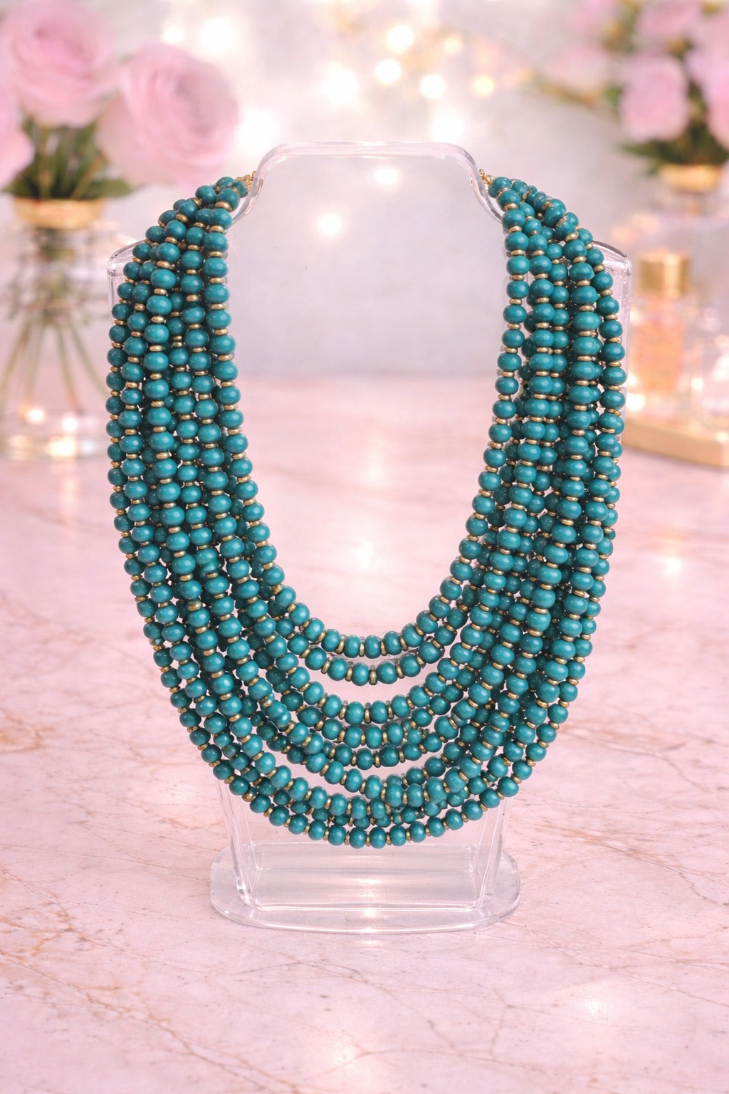 Turquoise Multi Strand Wood Bead Necklace