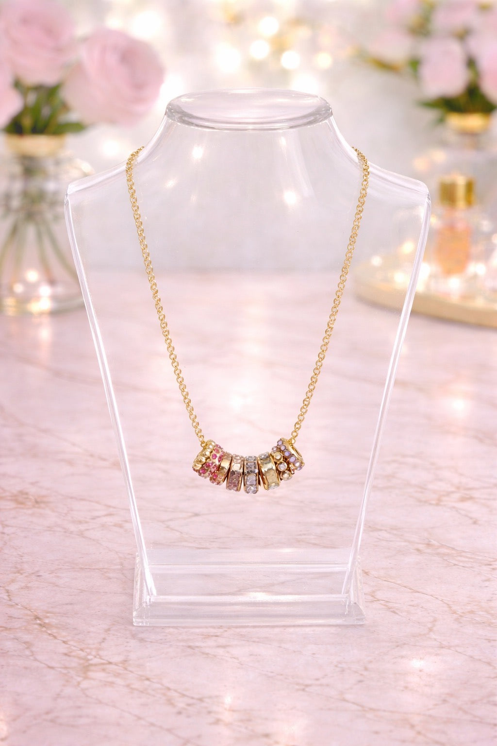 Pink and Purple Crystal Gold Necklace