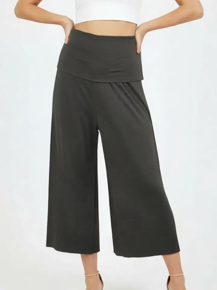 Blake Fold-over Waistband Gaucho Pants, Charcoal