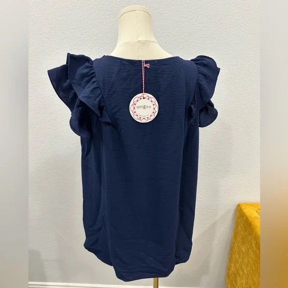 Ruffle Sleeve Textured Blouse Blue