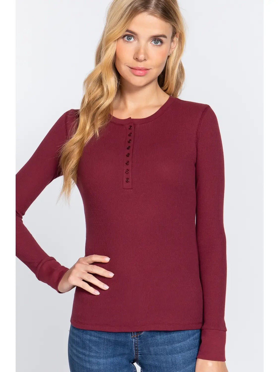 Waffle Knit Henley Long-sleeved Top Wine