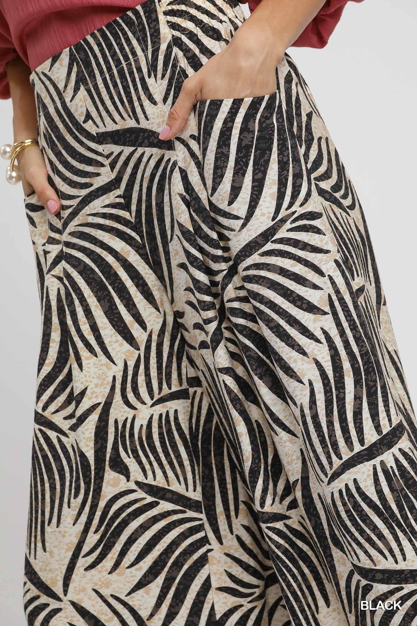 Audrey Palm Leaf Print Wide Leg Culotte Pants Black