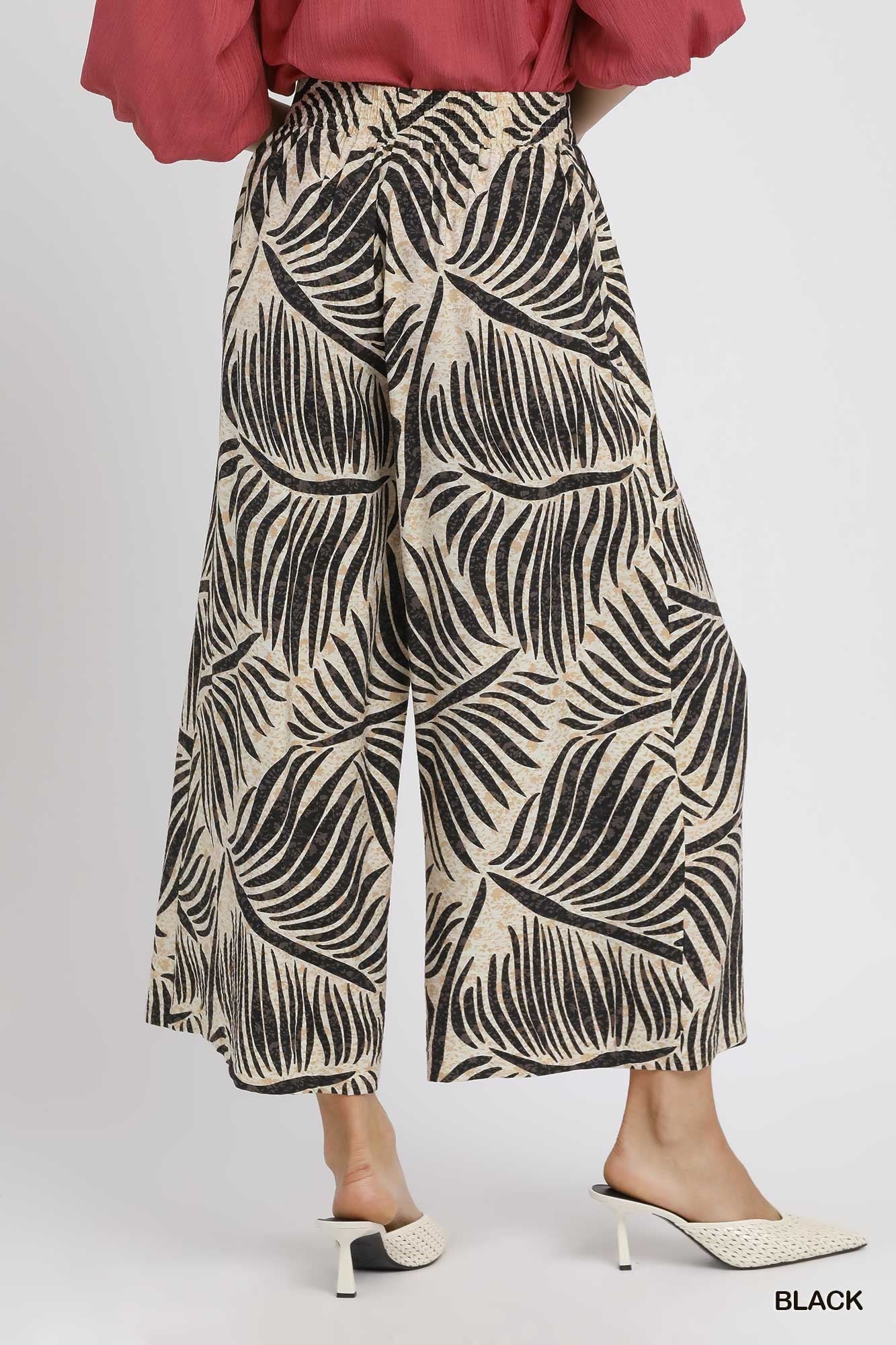 Audrey Palm Leaf Print Wide Leg Culotte Pants Black