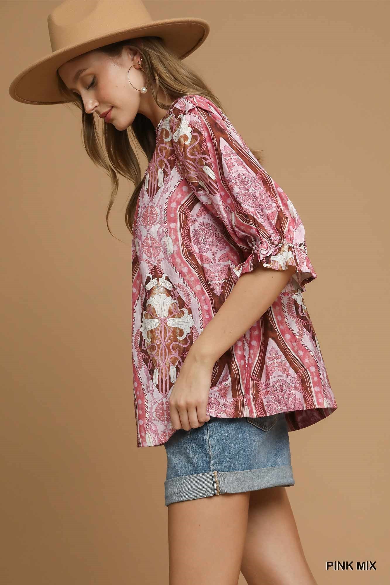 Lauren Abstract Print V-Neck Blouse Pink Mix