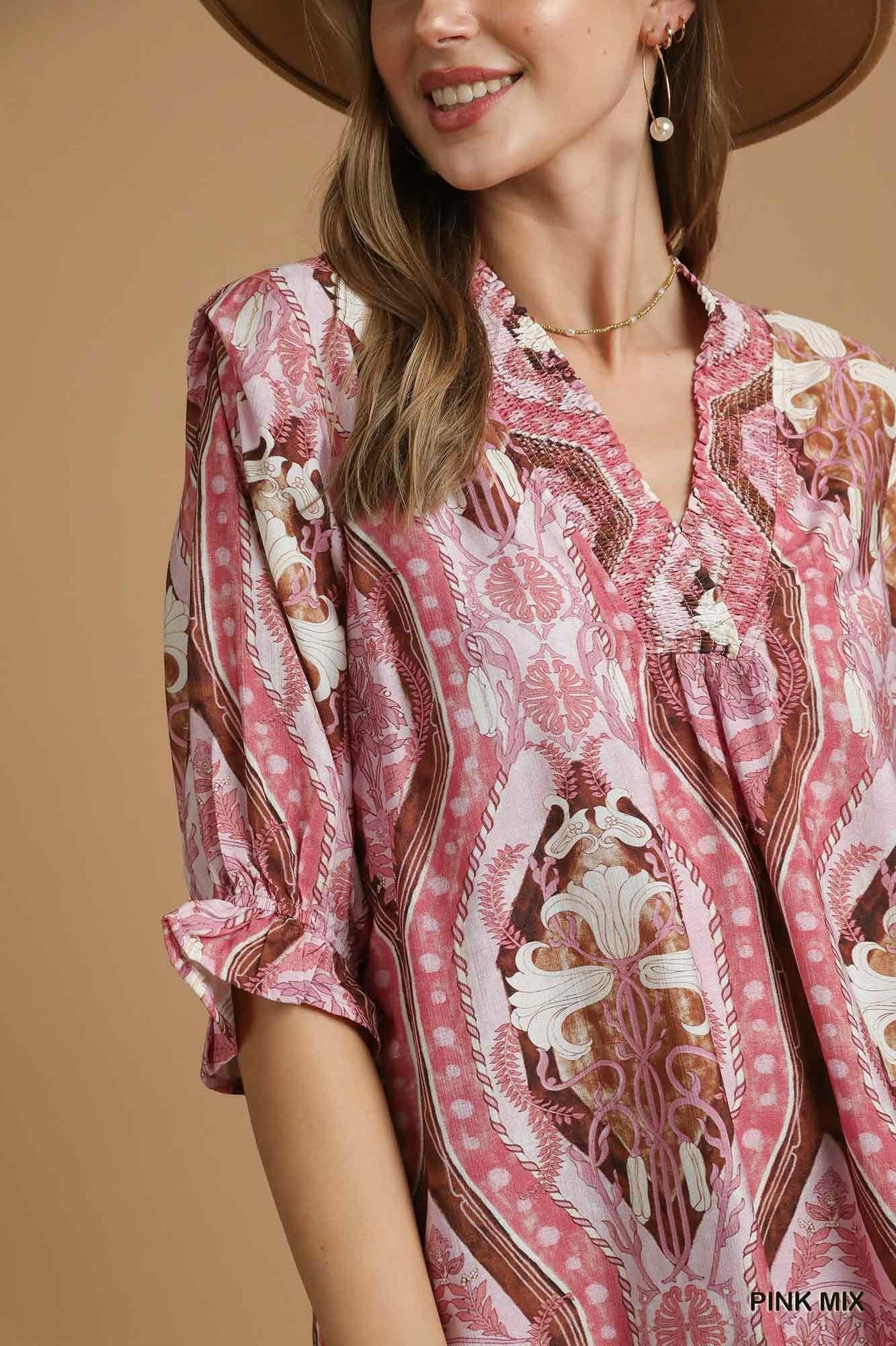 Lauren Abstract Print V-Neck Blouse Pink Mix
