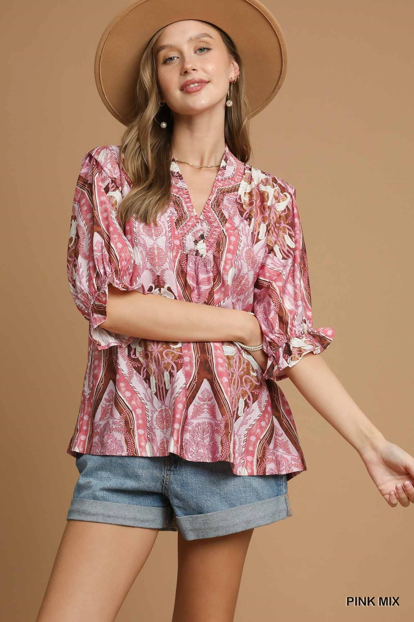 Lauren Abstract Print V-Neck Blouse Pink Mix