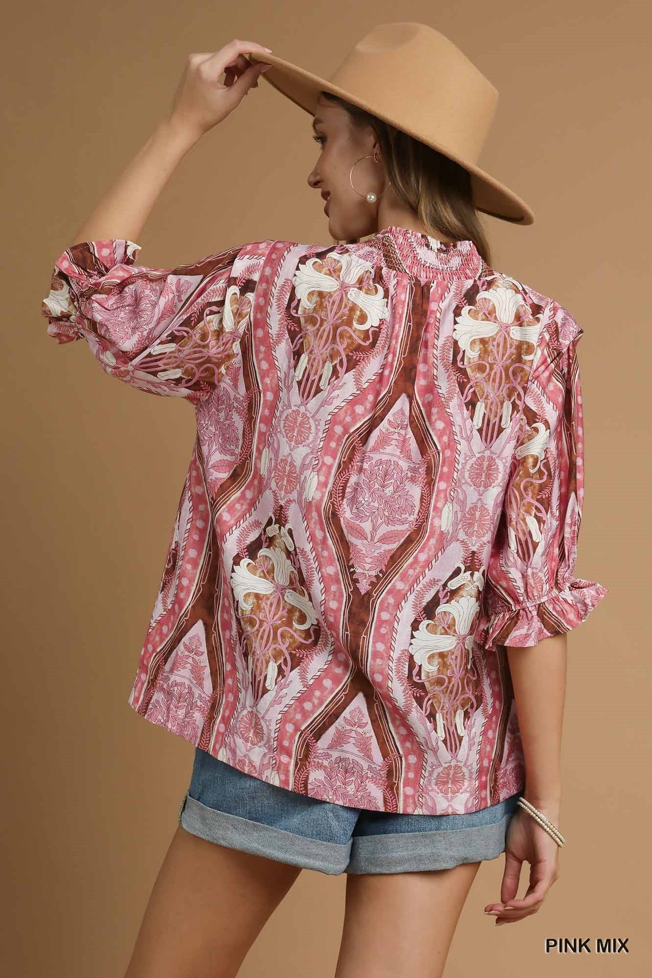 Lauren Abstract Print V-Neck Blouse Pink Mix