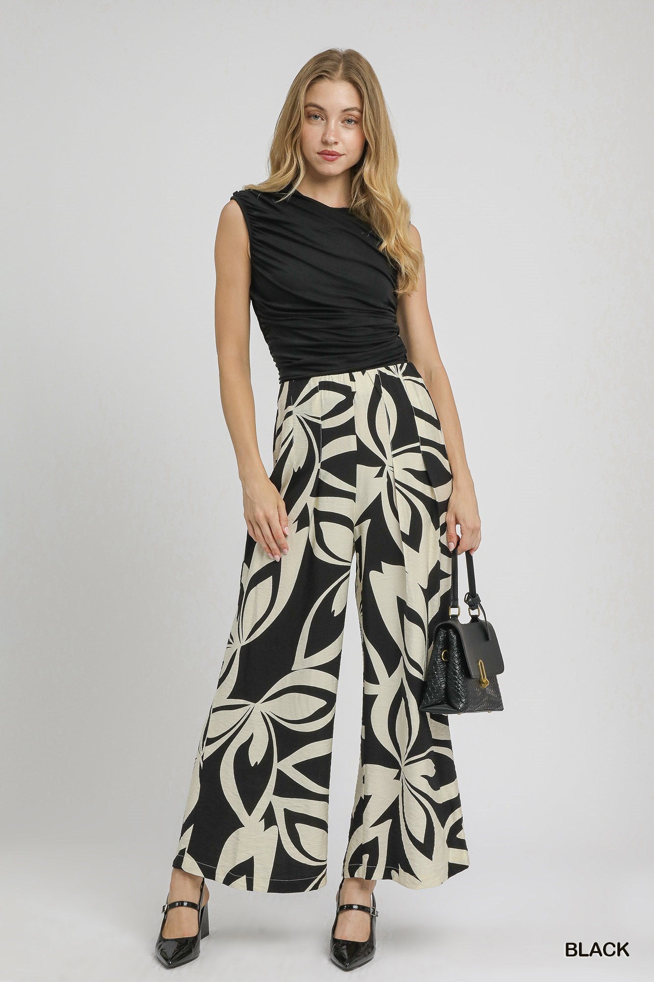 Eliana Abstract Floral Wide Leg Pants Black