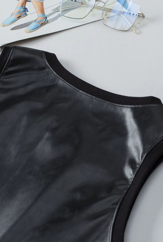 Black Faux Leather Crew Neck Tank Top