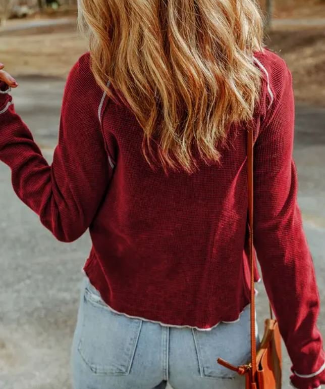 Textured Round Neck Long Sleeve Top Fiery Red
