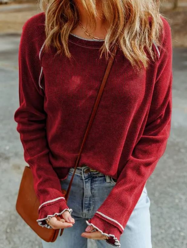 Textured Round Neck Long Sleeve Top Fiery Red