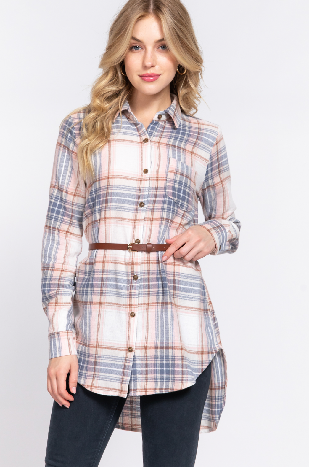 Charlie Long Sleeve Belted Plaid Tunic Shirt Ivory/Blue