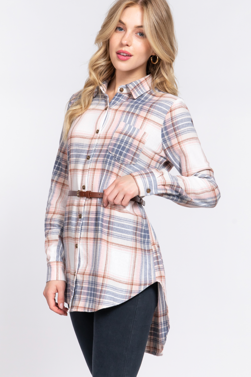 Charlie Long Sleeve Belted Plaid Tunic Shirt Ivory/Blue