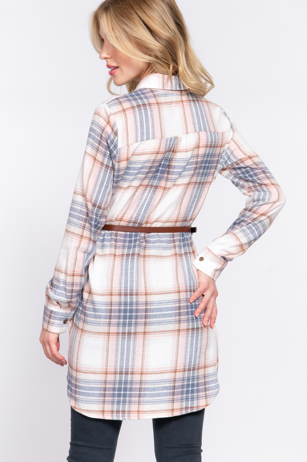 Charlie Long Sleeve Belted Plaid Tunic Shirt Ivory/Blue