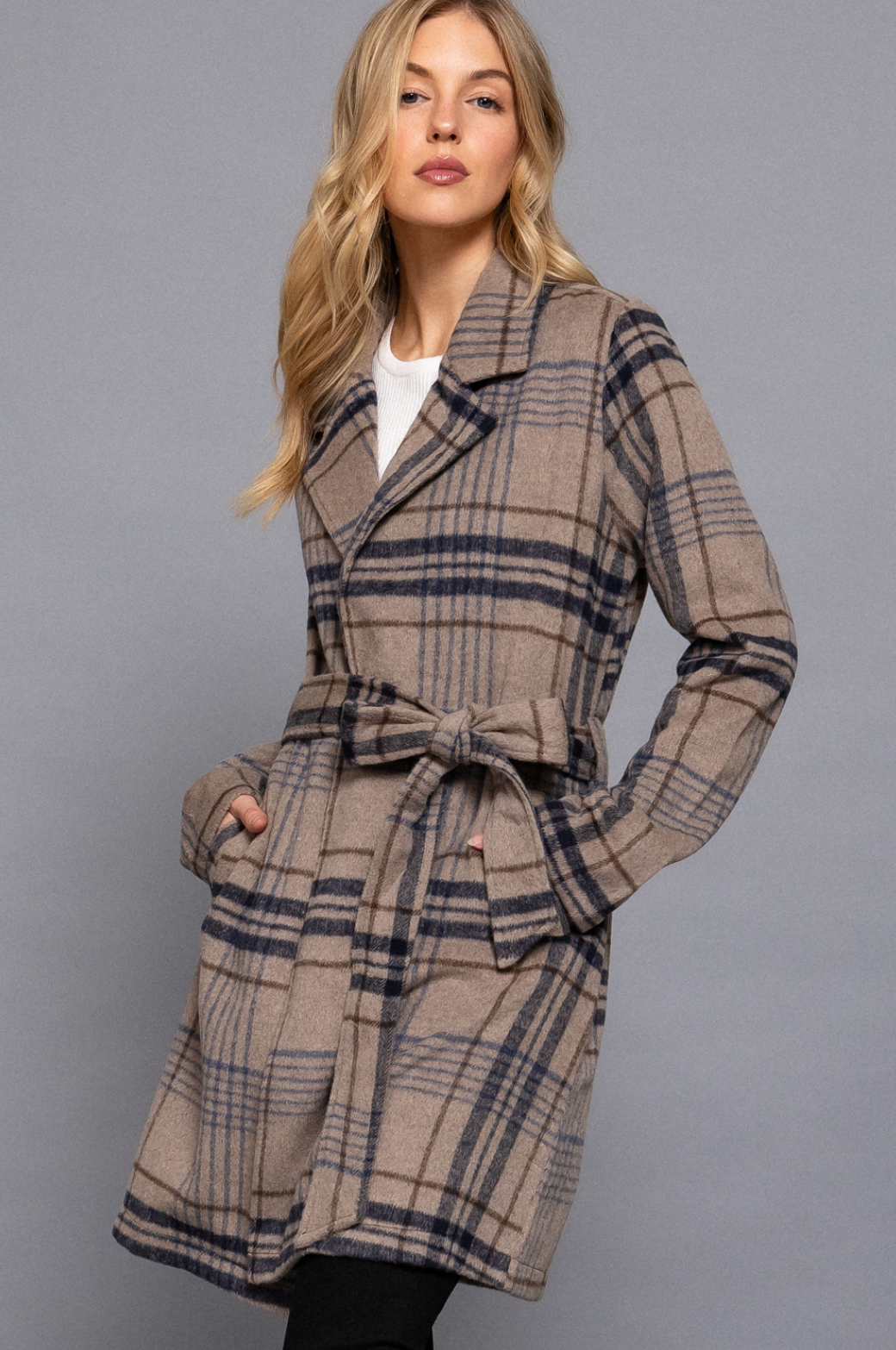 Ivy Long Sleeve Belted Plaid Woven Jacket Taupe/Navy